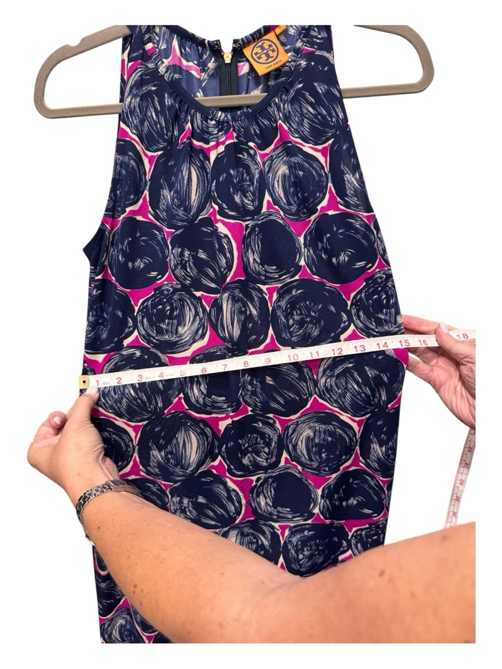 Tory Burch Flinnia Dress Pink Navy Abstract Print Shift Dress Size M - Picture 4 of 6